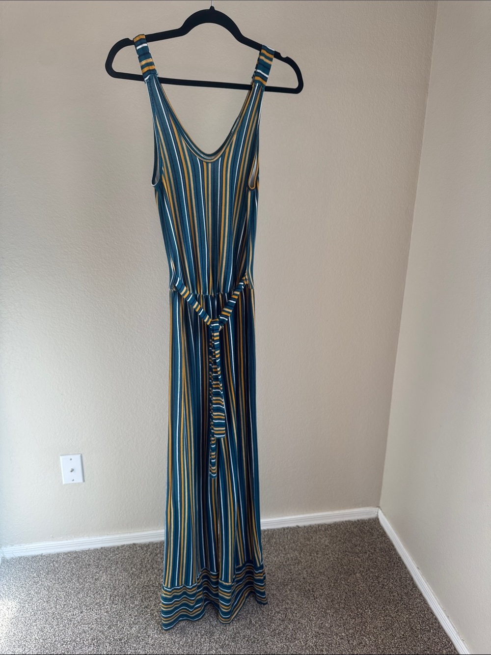 Caution To The Wind Striped Teal, Mustard & Navy Jumpsuit Romper